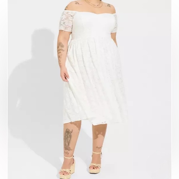 torrid Dresses & Skirts - Torrid White Midi Lace Off The Shoulder Skater Dress Cloud Dancer Size 1X NWT